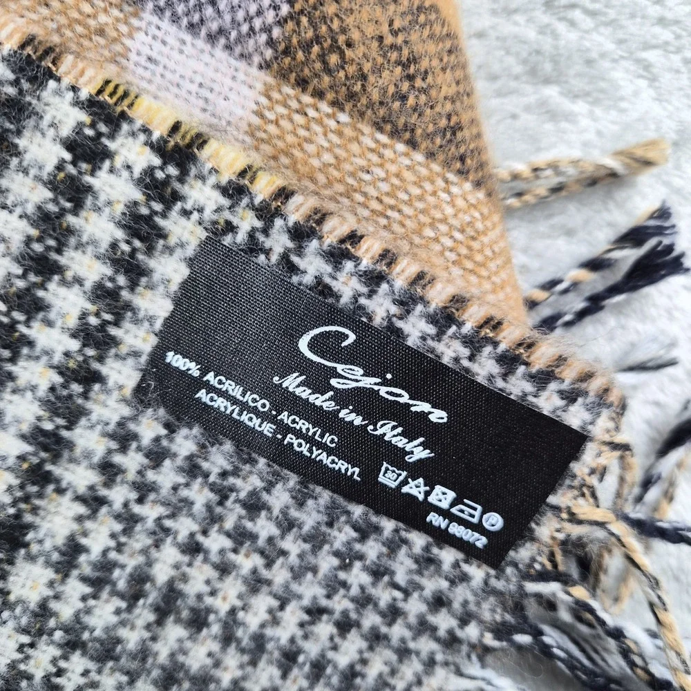 Cejon Scarf Brown Yellow Red Tartan Plaid Acrylic Fringed Warm Made in Italy